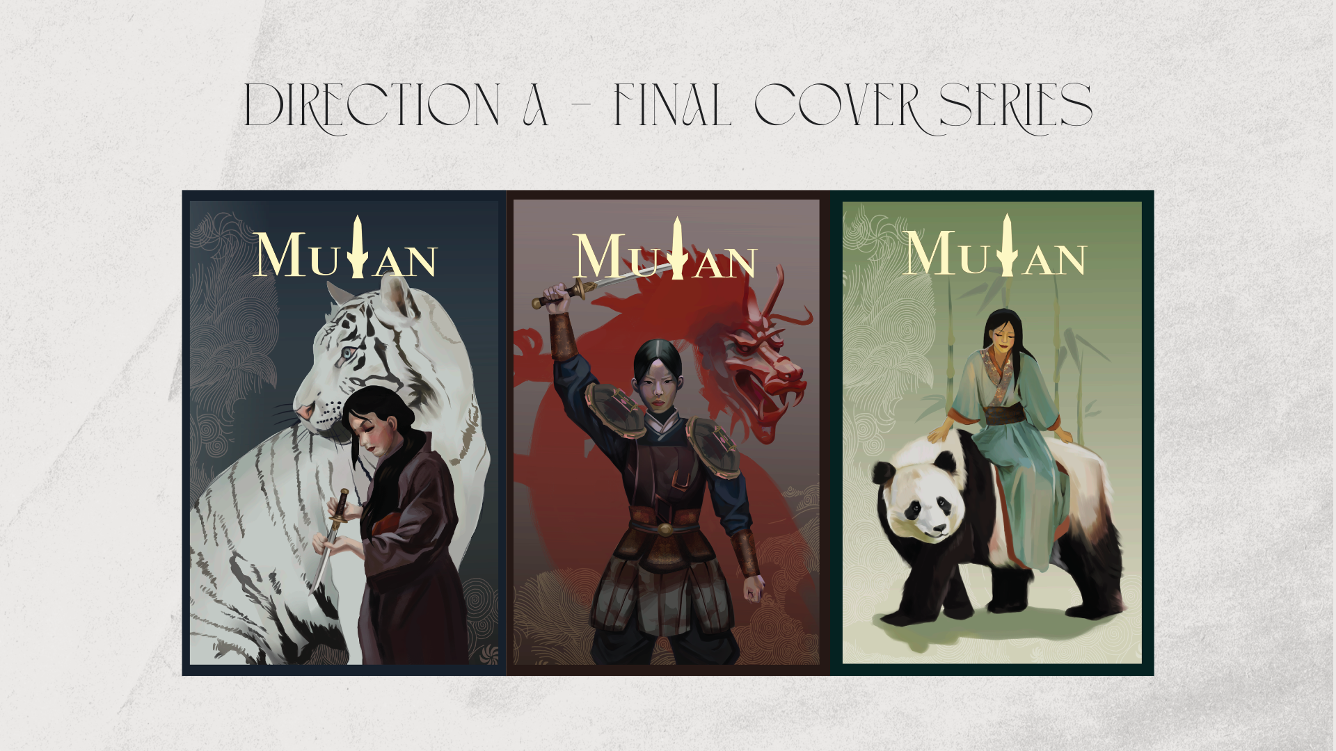 Direction A final Mulan book cover series — tiger, dragon and panda covers