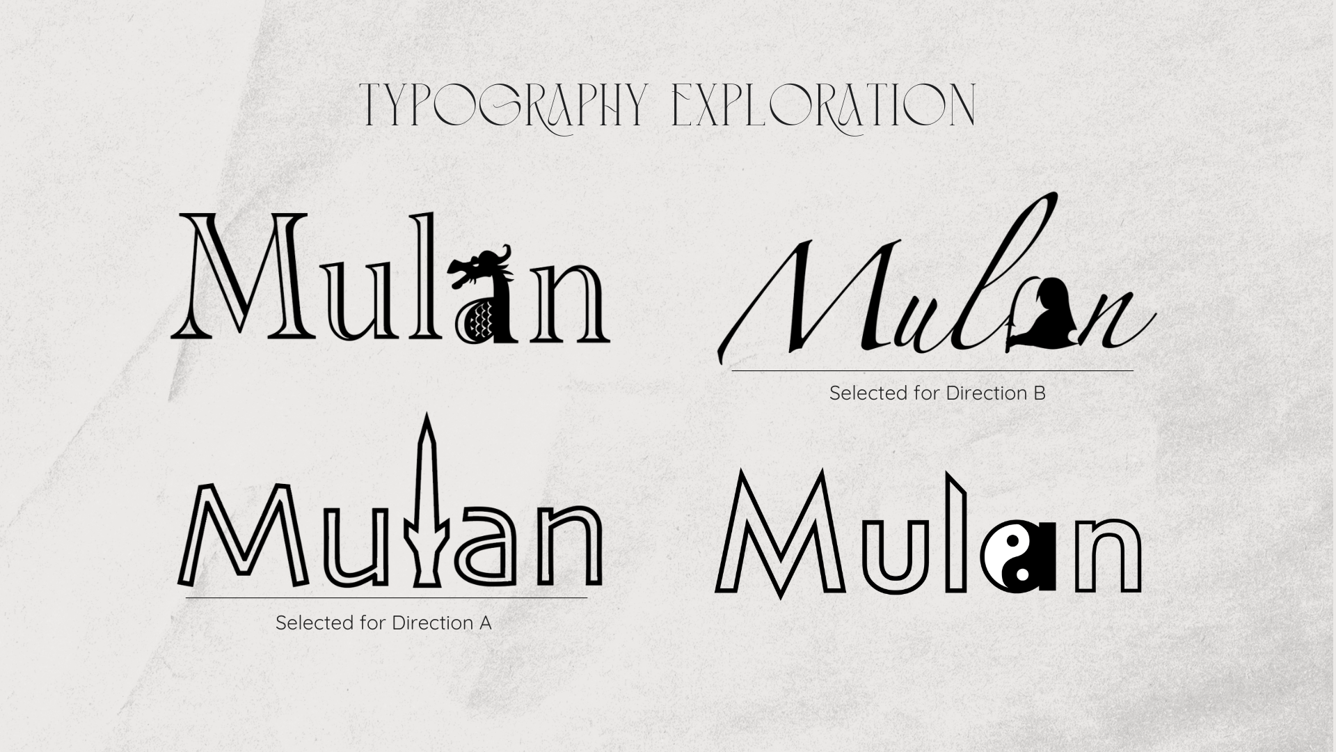 Typography exploration for Mulan book cover logo concepts