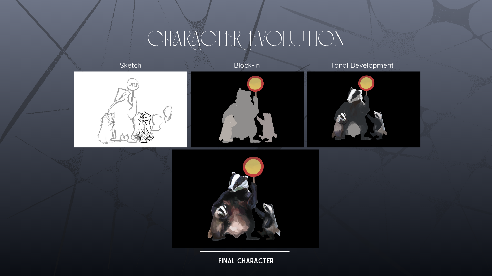 Character evolution — badger character development for Environmental Awareness Poster Series