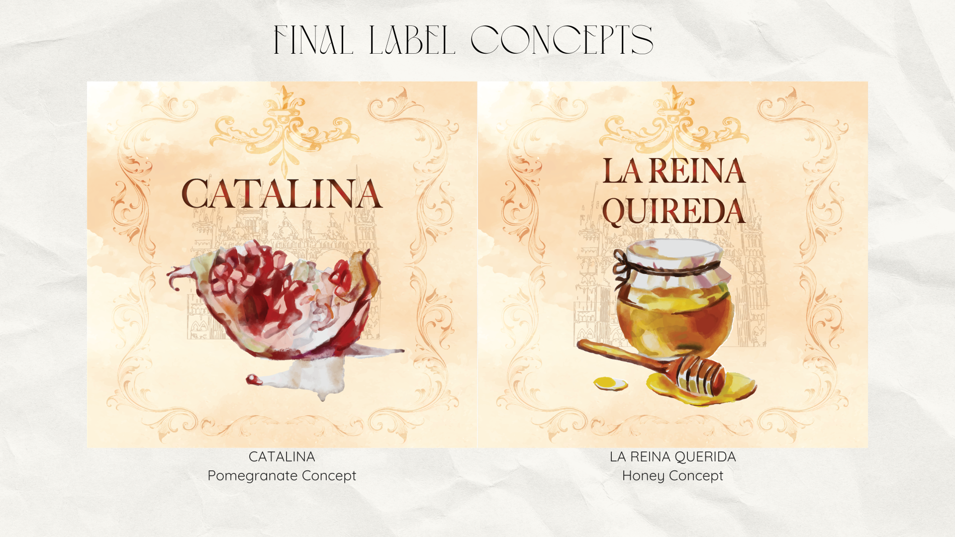 Heritage final label concepts for Katharine of Aragon mead design