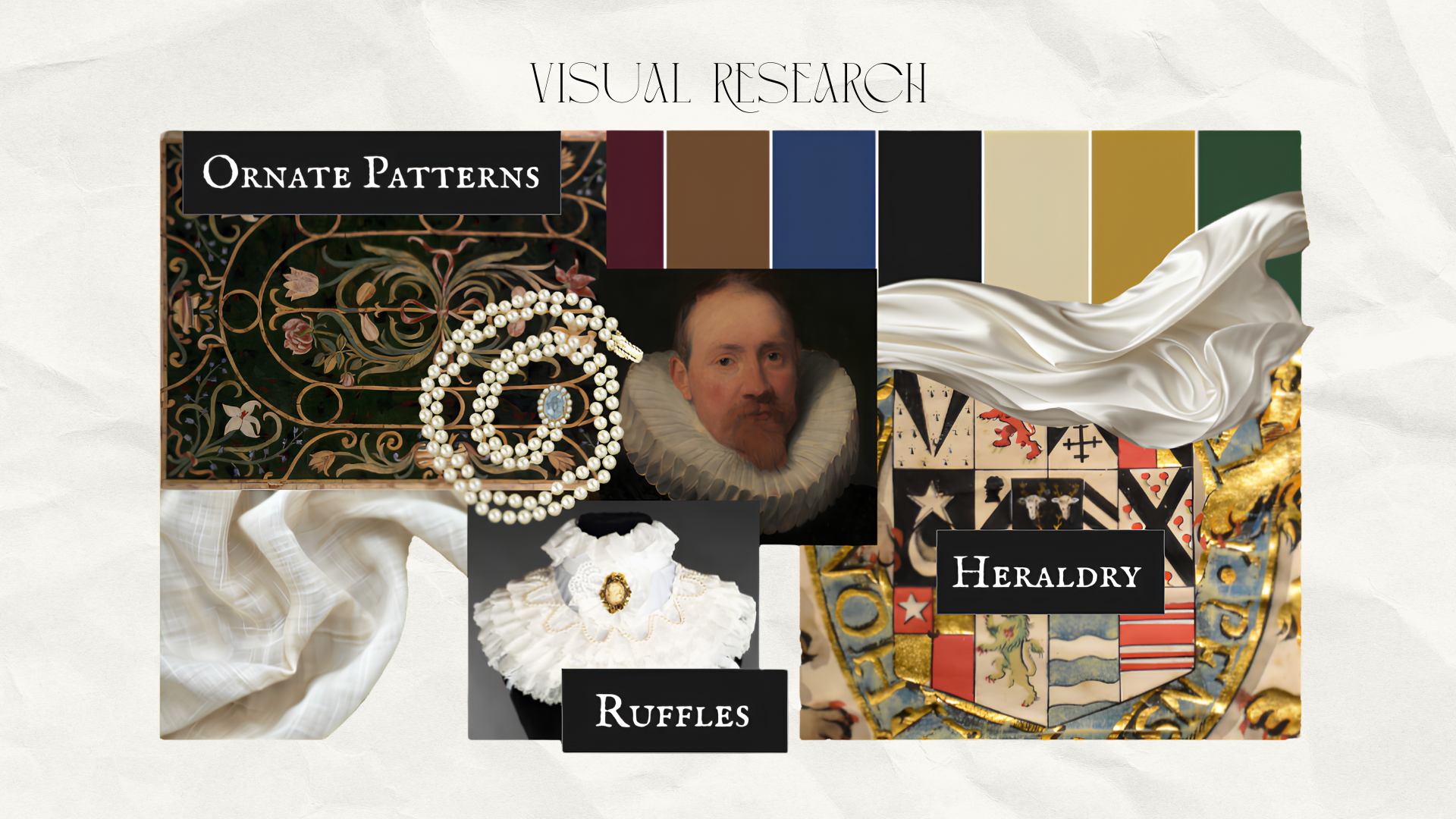 Visual research mood board for Katharine of Aragon mead label design