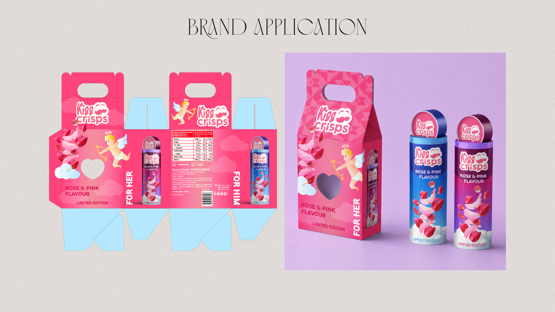 Brand application for Kiss Crisps limited edition snack packaging — gift box dieline and product mockups